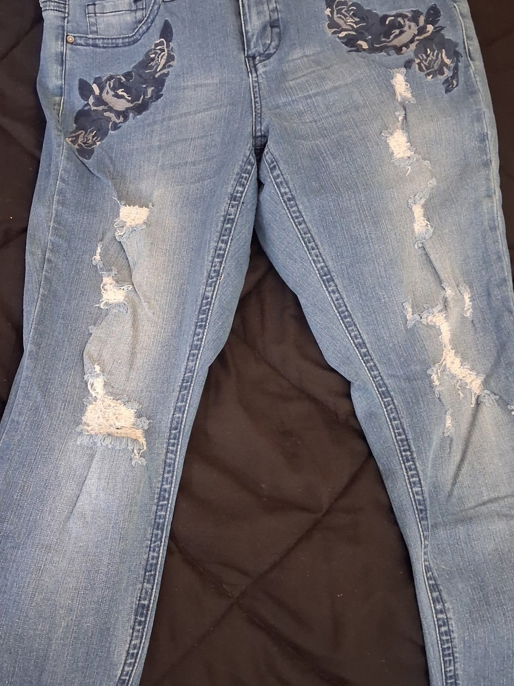 Hydraulic Women's Light Blue Distressed Skinny Jeans with Dark Floral Patches